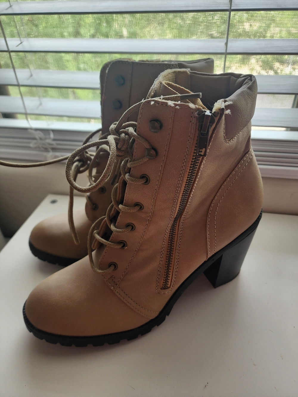 JustFab Beige Lace-Up Heeled Ankle Boots with Side Zip